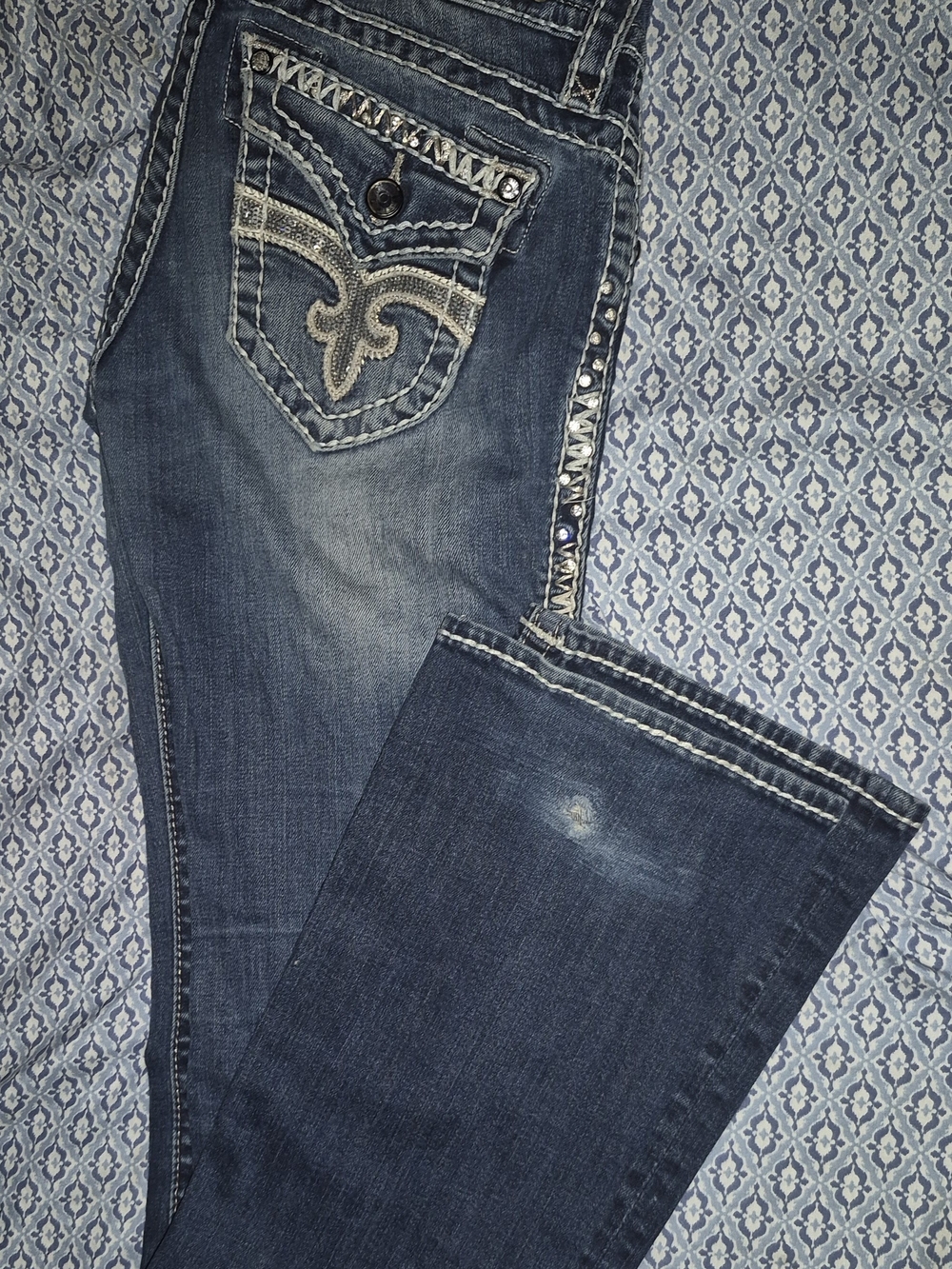 Rock Revival Dark Blue Wide-Leg Jeans with Embroidered Pocket & Rhinestone Trim